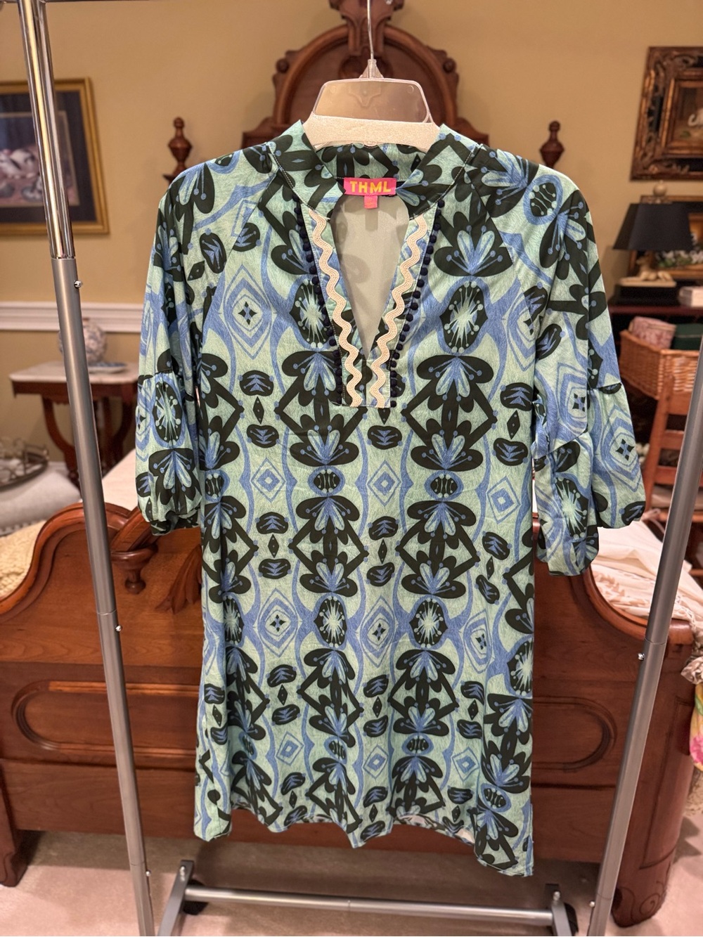 THML Blue Green Patterned dress Scalloped V-Neck